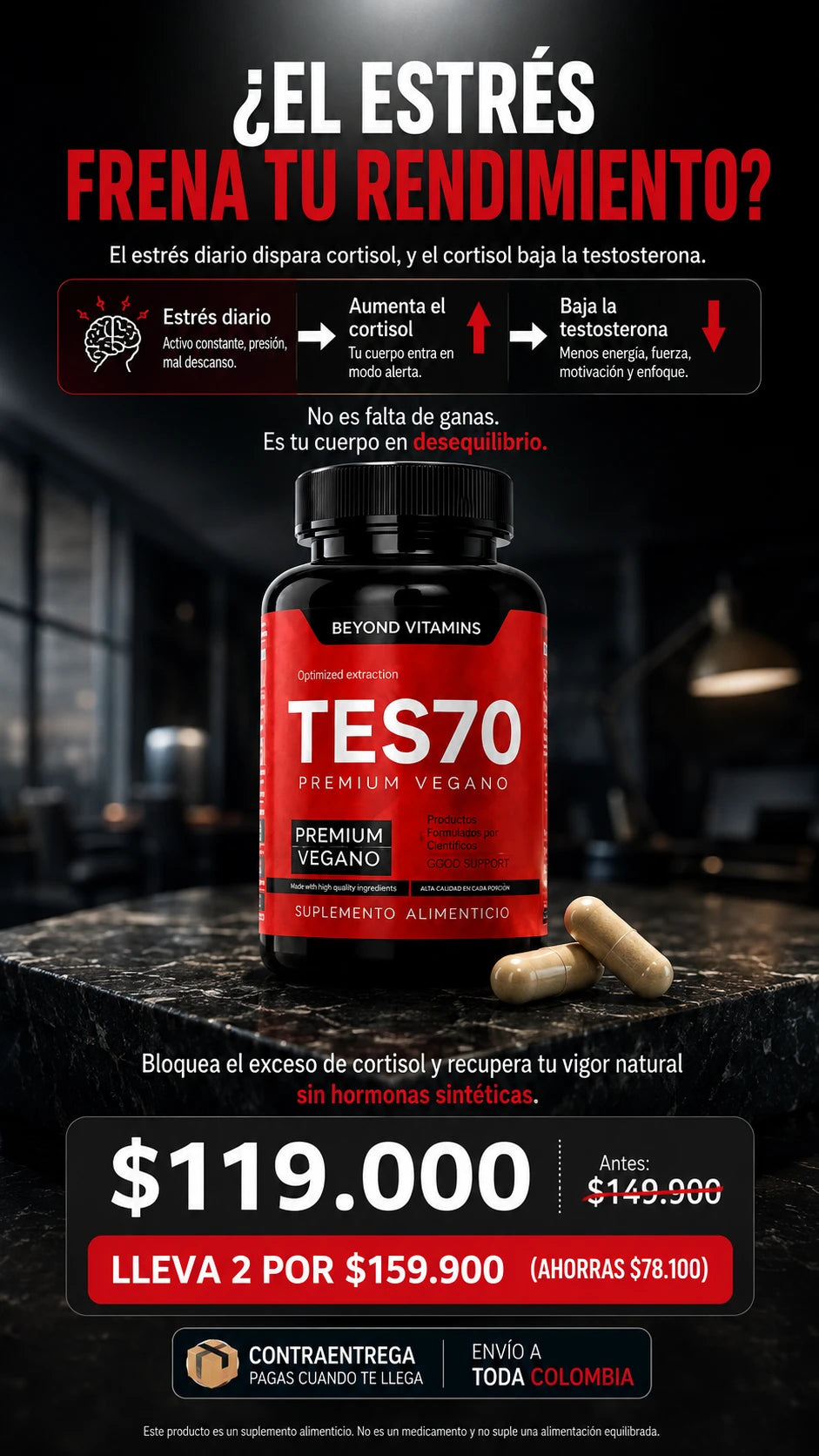 Suplemento de testosterona premium vegano en cápsulas