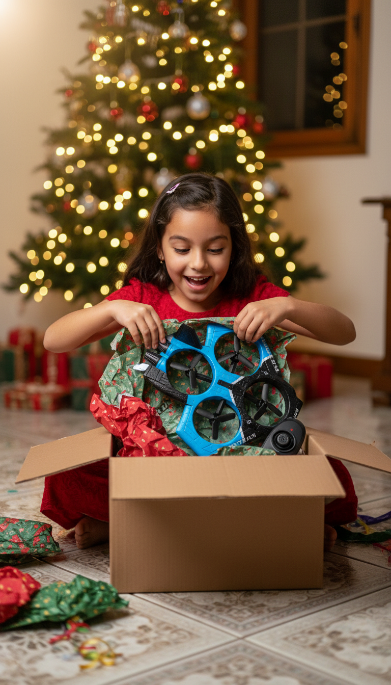 Niña abriendo el avión FALCON de regalo