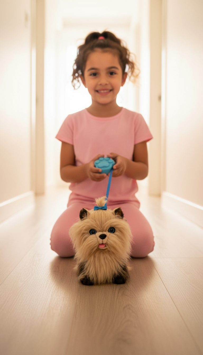 Niña paseando el perrito con su correa de control
