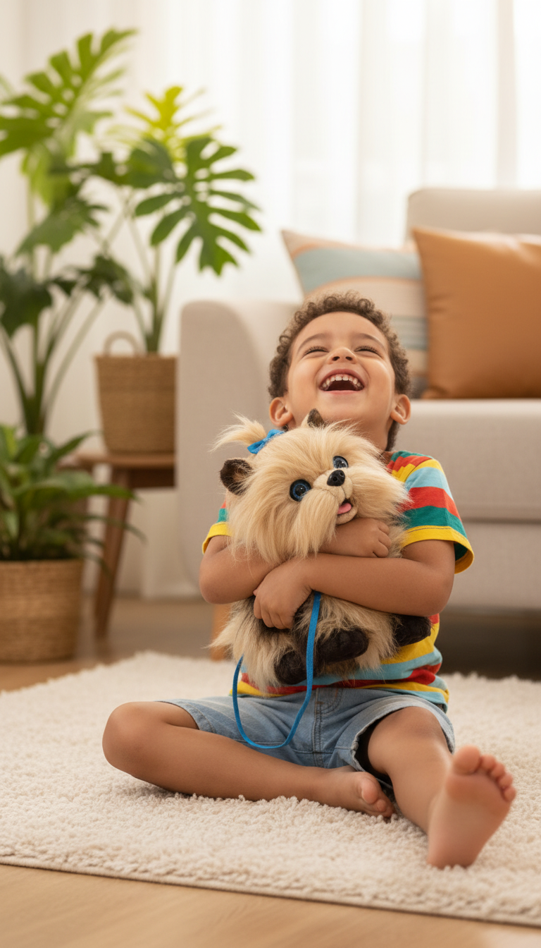 Niño abrazando el perrito interactivo