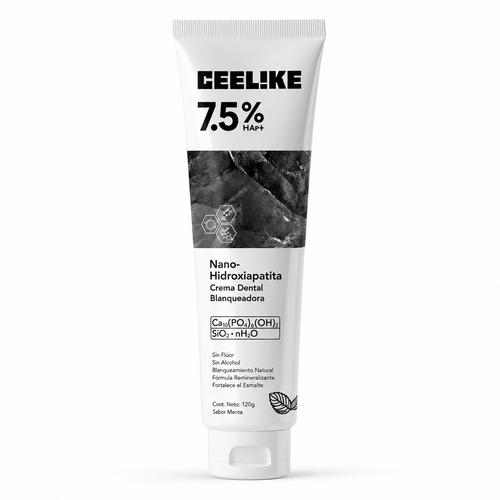 Crema dental blanqueadora CEELIKE con nano-hidroxiapatita — tubo blanco sobre fondo blanco