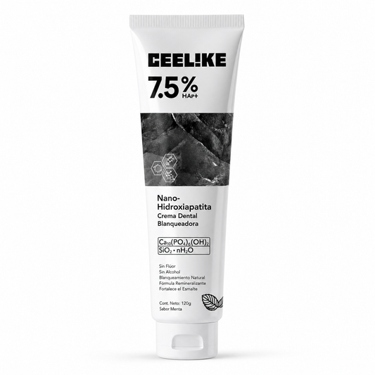 Crema dental blanqueadora CEELIKE con nano-hidroxiapatita — tubo blanco sobre fondo blanco